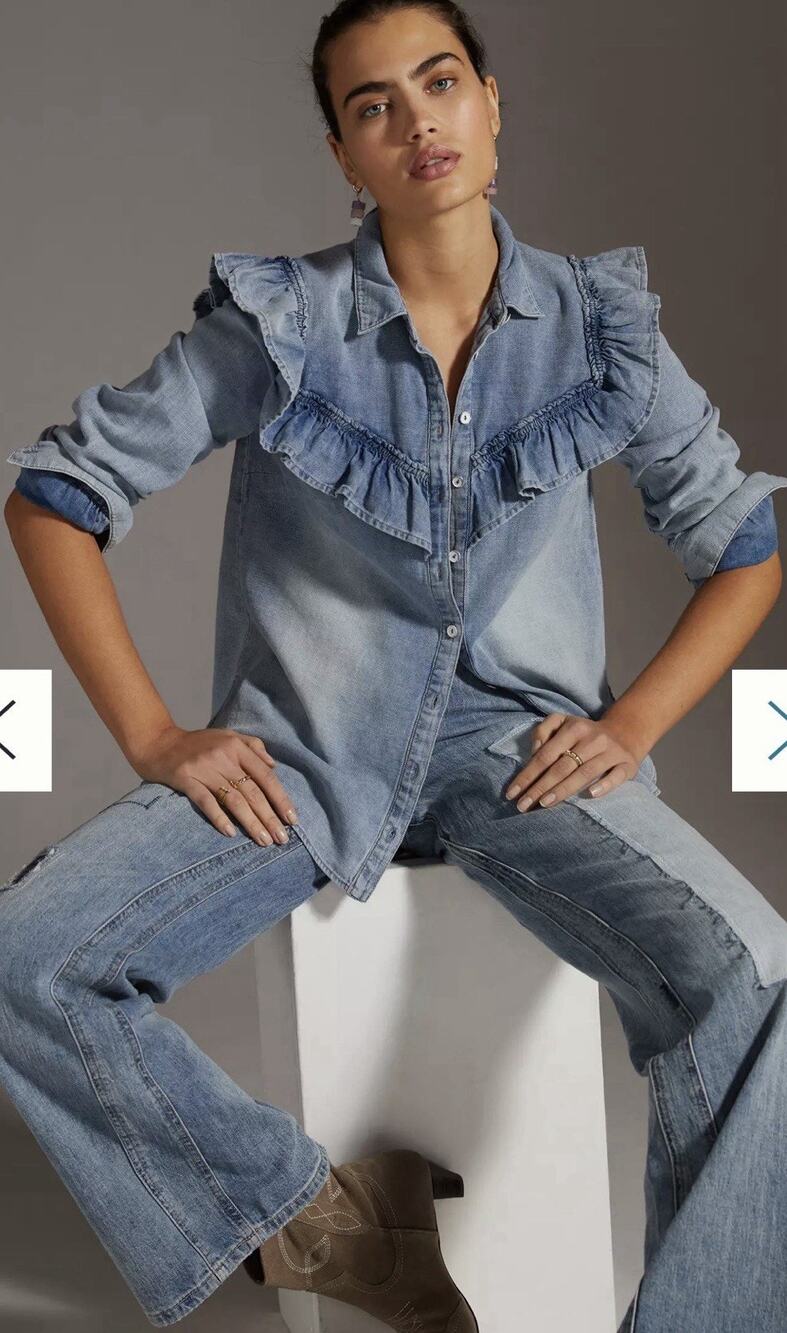 Anthropologie Pilcro Blue Ruffled Chambray Button Down Shirt Sz L